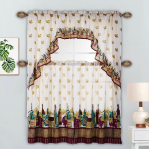 Home Trend 3PC Printed Kitchen Curtain- Leaves/Wine